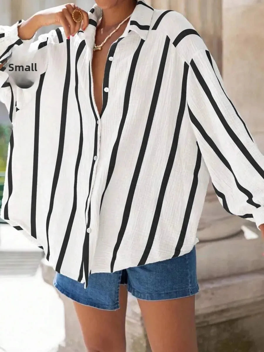 Women's Long Sleeve Button Cardigan Striped Shirt Slim Fit Polo Collar Full Length Autumn Winter New Style Cross Border Independ