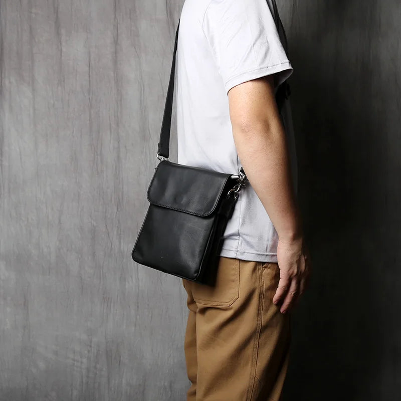 NZP Genuine Leather Men's Shoulder Bag Top Layer Cowhide Casual Men's Bag Black Trendy Messenger Bag Suitable For 8 Inch Ipad