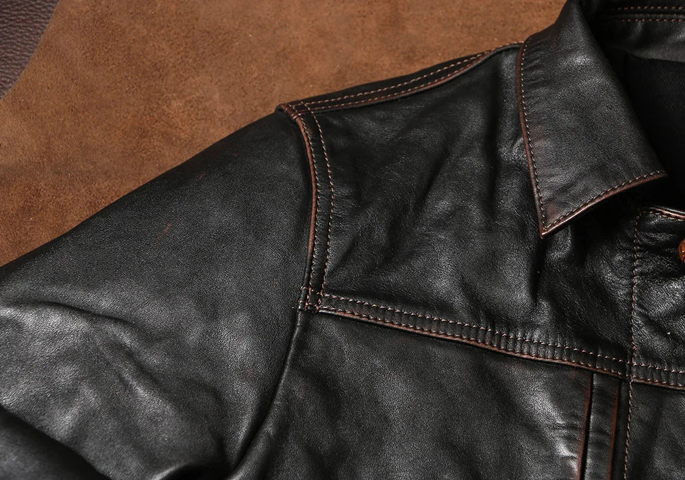 Black Autumn Leather Jacket Men Vintage Style Plus Size 5XL Genuine Natural Cowhide Turn-Down Collar Single Breasted Coat