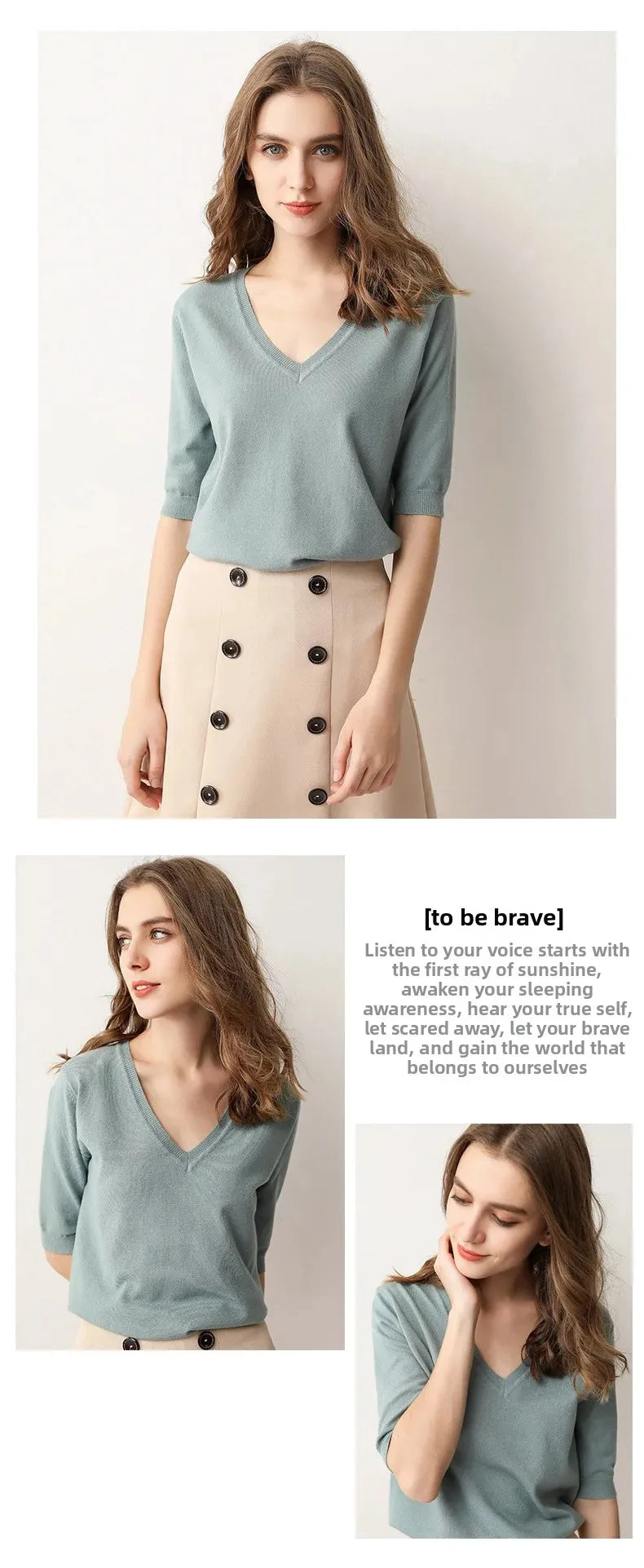 Spring Autumn New Style V-Neck Thin Knitted Loose Short Sleeve Women's T-Shirt Thin Summer Top Comfortable Base Layer Shirt