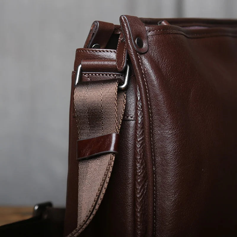 NZPJ Vintage Genuine Leather Men's Shoulder Bag Casual Top-Grain Cowhide Crossbody Bag For 10-inch IPad