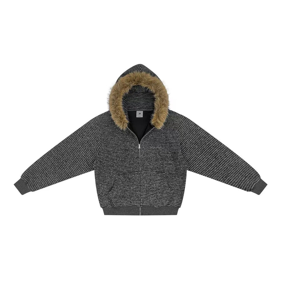 Retro American Striped Hoodie Jacket Women's Loose Fur Collar Outerwear Autumn Winter Zipper Open Cardigan Style Polyester