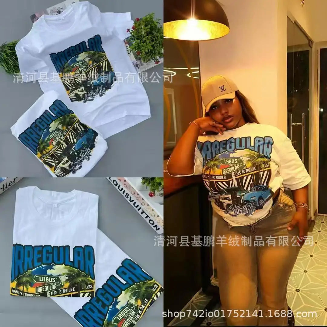 Loose Fit Embroidered Cotton T-Shirt Women's Shoulder Width round Neck Print Short Sleeve Cross-Border Half Sleeve Street Style
