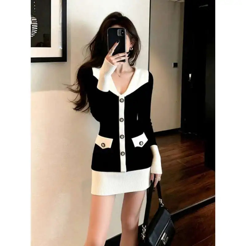 Elegant Knitted Wrap Dress Hepburn Style High Collar Button Slim Fit mid Length Polyester Fabric Commute Style Long Sleeve