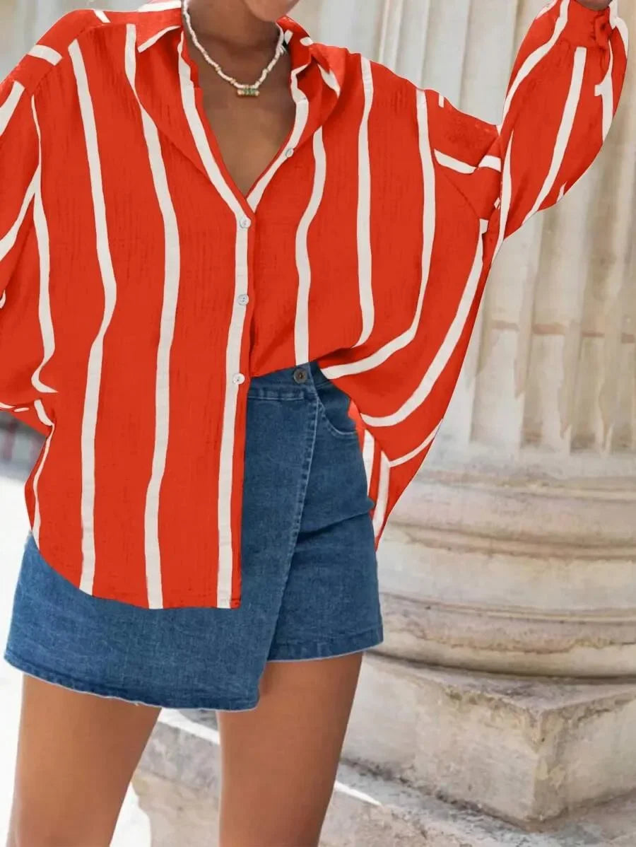 Women's Long Sleeve Button Cardigan Striped Shirt Slim Fit Polo Collar Full Length Autumn Winter New Style Cross Border Independ