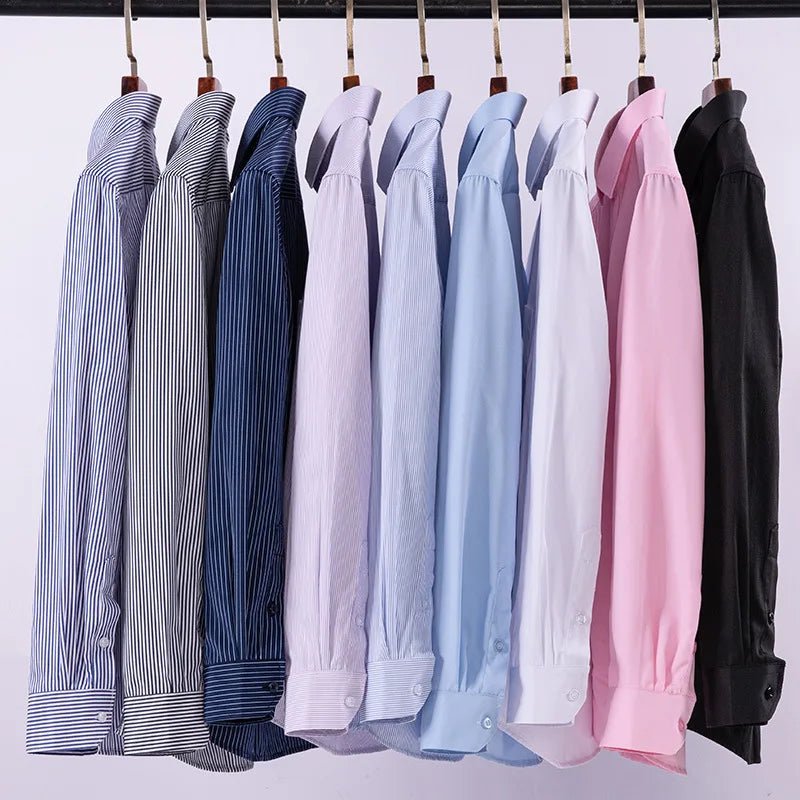 Men Formal Shirt Long Sleeve Office Solid Color Striped Fashion Business Pocket White Social Shirt Men's Clothing 5XL 6XL
