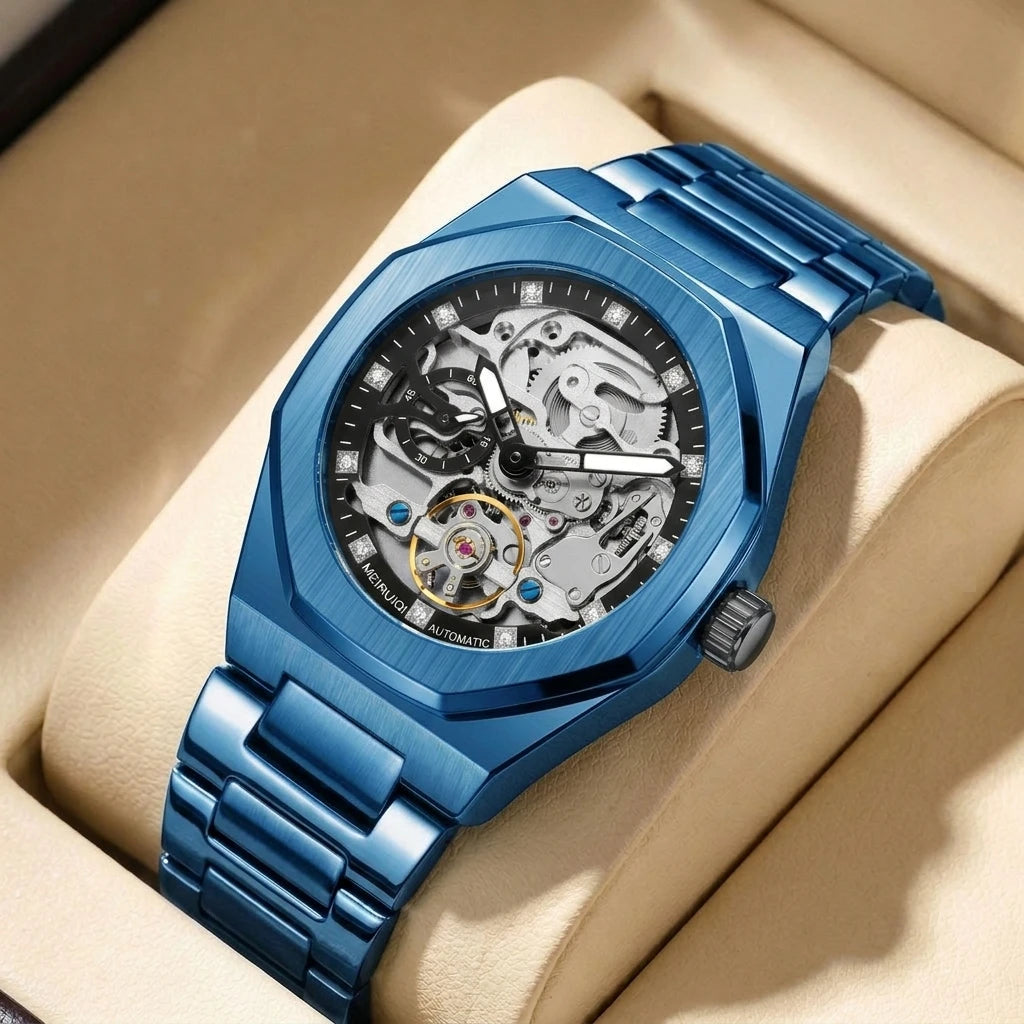 A men's yellow and black party style minimalist scale fully automatic hollow mechanical watch