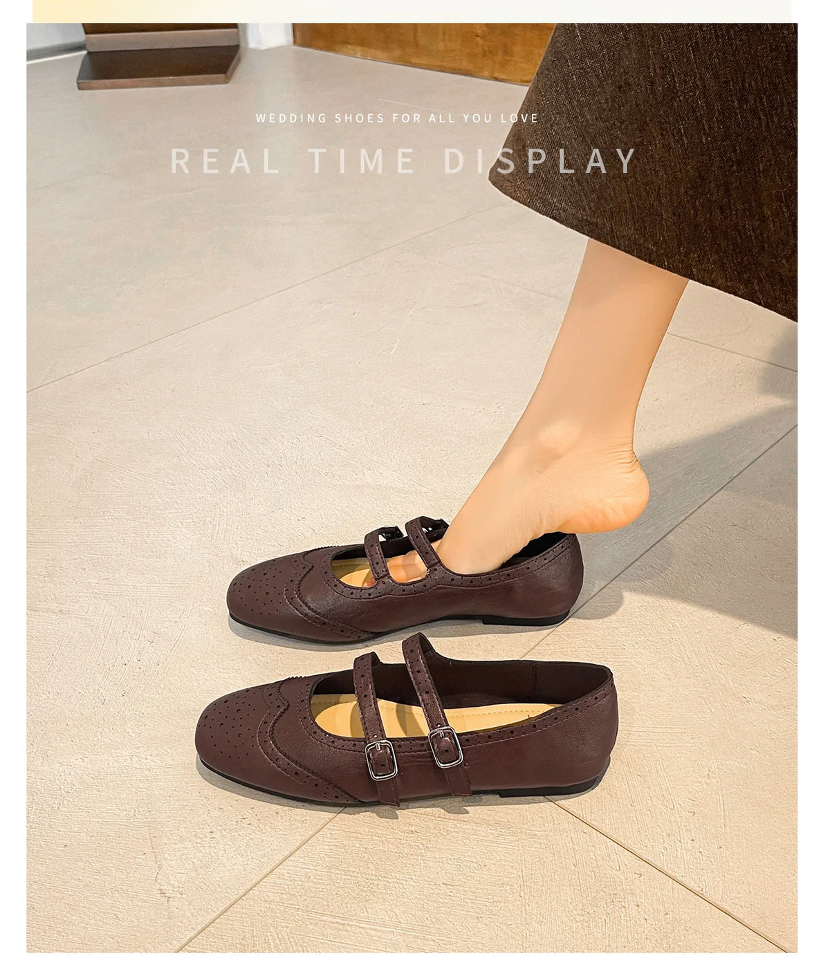 French Style Double Buckle Mary Jane Shoes Women's plus Size Flat Bottom Leather Version Beautiful Carving Spring Summer Autumn