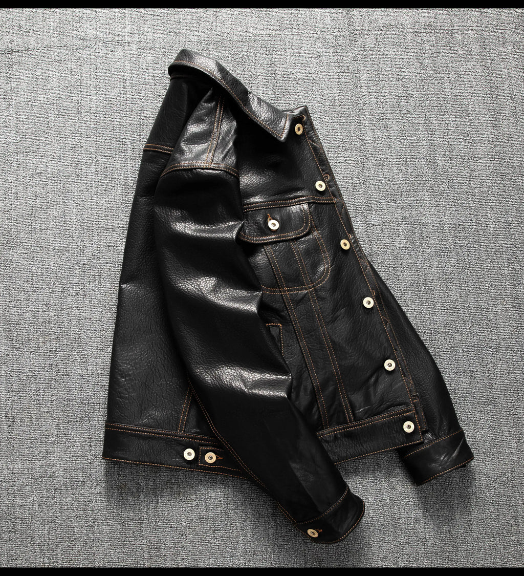 Men's Genuine Sheepskin Leather Trucker Jacket Black Type III Denim Cut Cream Contrast Stitch Brass Snap Short Casual Coat