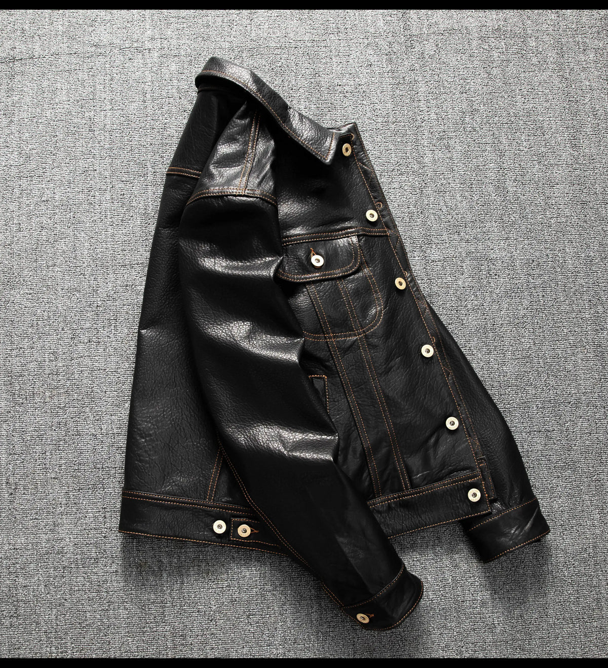 Men's Genuine Sheepskin Leather Trucker Jacket Black Type III Denim Cut Cream Contrast Stitch Brass Snap Short Casual Coat