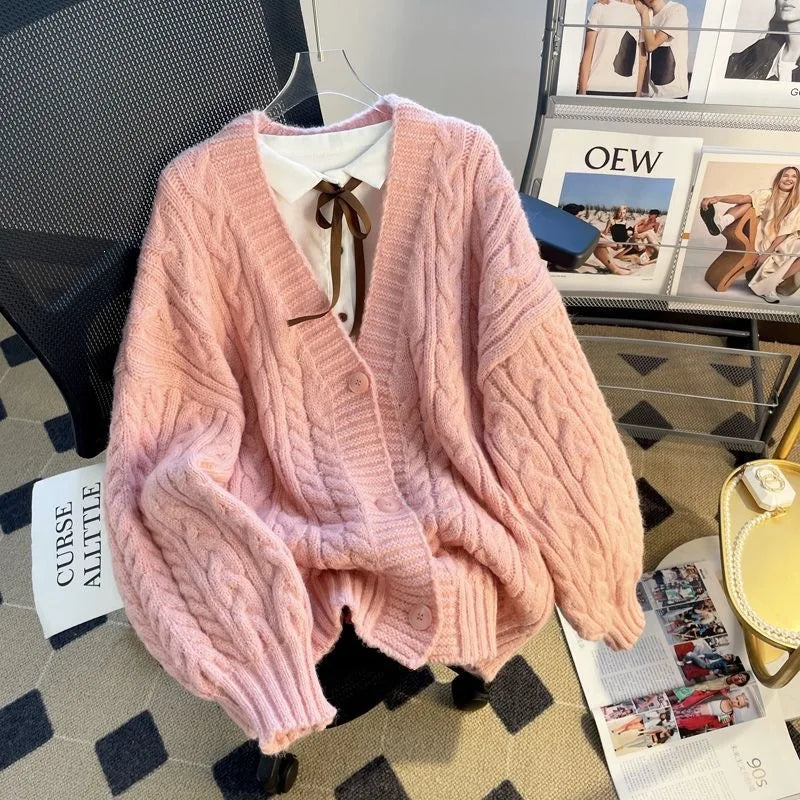 Women's Thickened Lazy Design Knitted Cardigan Sweater Outerwear Loose Princess Sleeve V-Neck Long Sleeve Autumn Winter Coat