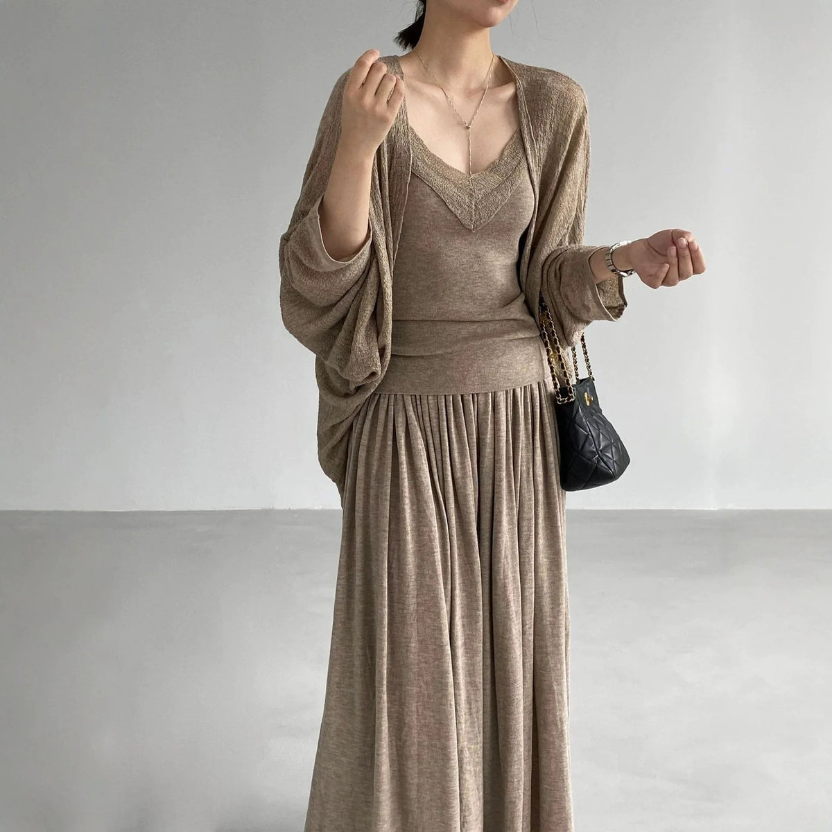 Loose Knitted Three-Piece Set V-Neck Sleeveless Top with Belt And Long Skirt Elegant Draped Feel Casual Wear for Women