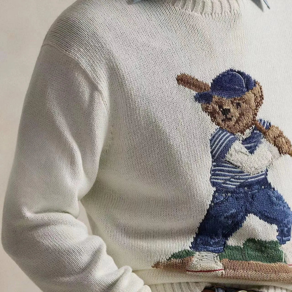 Yankees Baseball Bear Sweater Thick Knitted Cotton Linen Blend Long Sleeve round Neck Embroidered 3D Cartoon Casual Style