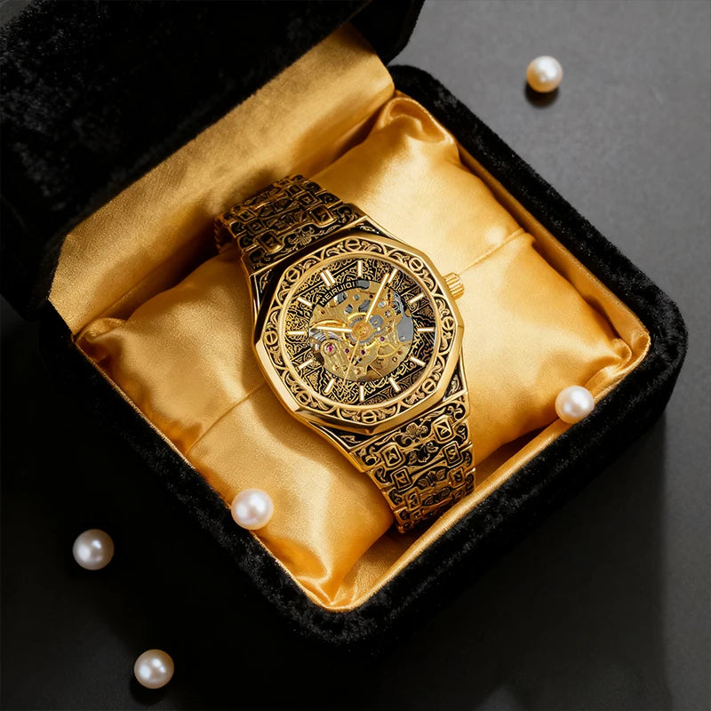 A men's yellow casual style high aesthetic fully automatic precision carved pattern stud mechanical watch
