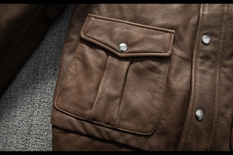Genuine Natural Thick Cowhide California Mounted Police Coat Dark Brown Winter Leather Jacket Men Retro Style Plus Size 5XL