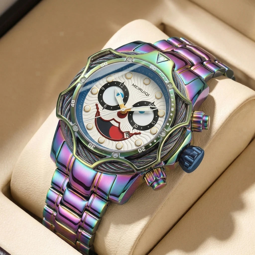 1pc Iridescent Color Changing Metal Strap Watch Mechanical Hollow Dial Chronograph Fashion Trendy Wristwatch For Men Women Daily