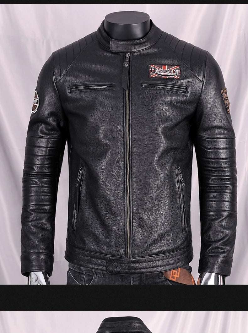 Black Autumn Leather Jacket Men Sports Style Plus Size 5XL Genuine Natural Cowhide Stand Collar Slim Fit Short Coat