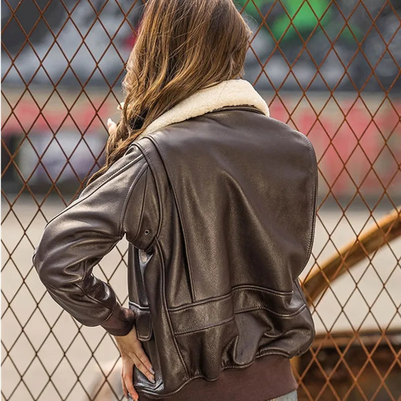 Dark Brown G1 Pilot Leather Jacket Women Military Style Plus Size 3XL Genuine Natural Cowhide Wool Collar Flight Leather Coat