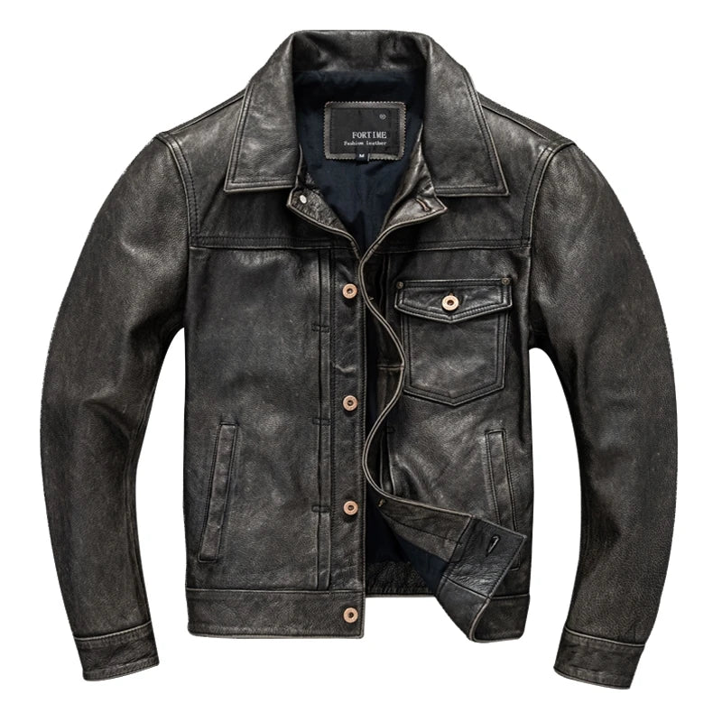 Black Spring Leather Jacket Men Vintage Style Plus Size 5XL Genuine Natural Cowhide Turn-Down Collar Single Breasted Coat