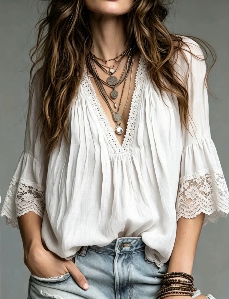 White Sky Blue Pink Lace Patchwork V-neck Shirt Polyester Pure Color Loose Fit Seven Sleeve Princess Style Elegant Ballet