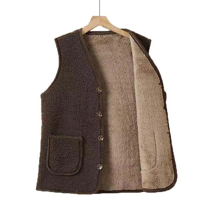 Lamb Fur Vest Thickened Fleece Warm Outerwear for Women Autumn Winter V-neck Striped/Plaid Style Single Button Closure Comfor...