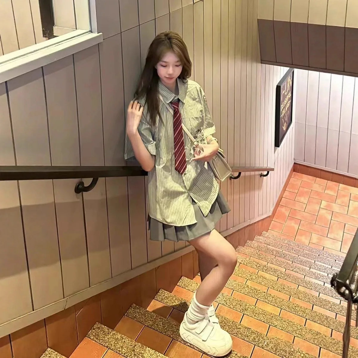 Loose Women's Green Striped Short Sleeve Shirt Korean College Style Summer 2025 Casual Sweet JK Top Polyester Cotton Blend