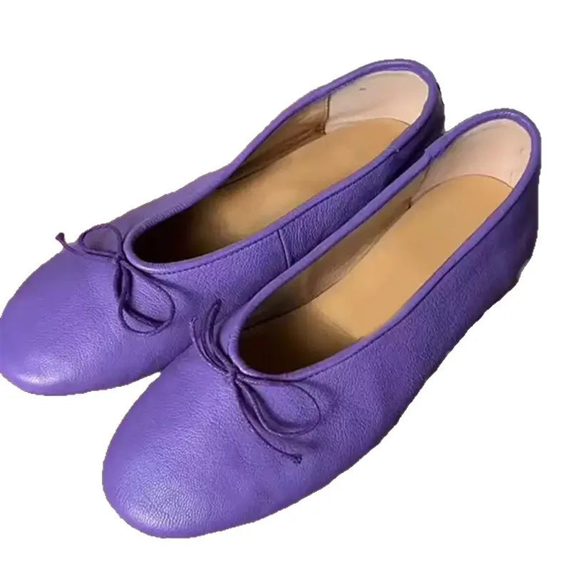 Soft Leather Purple Flat Ballet Flats Women's Shoes Gentle Lady Butterfly Knot Commuter round Toe Shoes Modern Minimalist Style