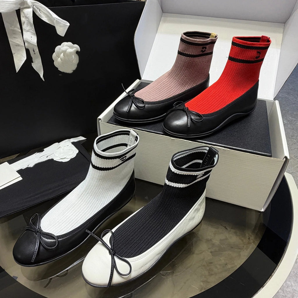 Elegant Mary Jane Shoes Women's Casual Butterfly Knot Elastic Slim Boots French Ballet Style Splicing Breathable Waterproof