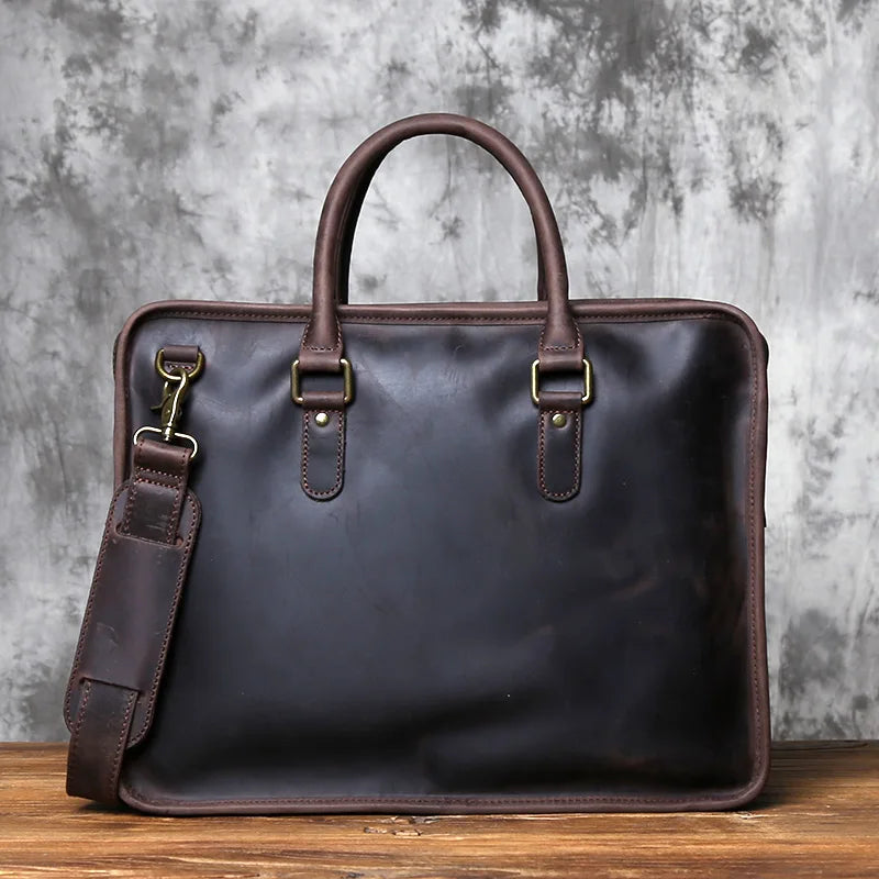 NZPJ Men's Briefcase Leather Handbag Retro Top Layer Cowhide Laptop Bag Crazy Horse Leather Shoulder Messenger Bag Luxury Bag