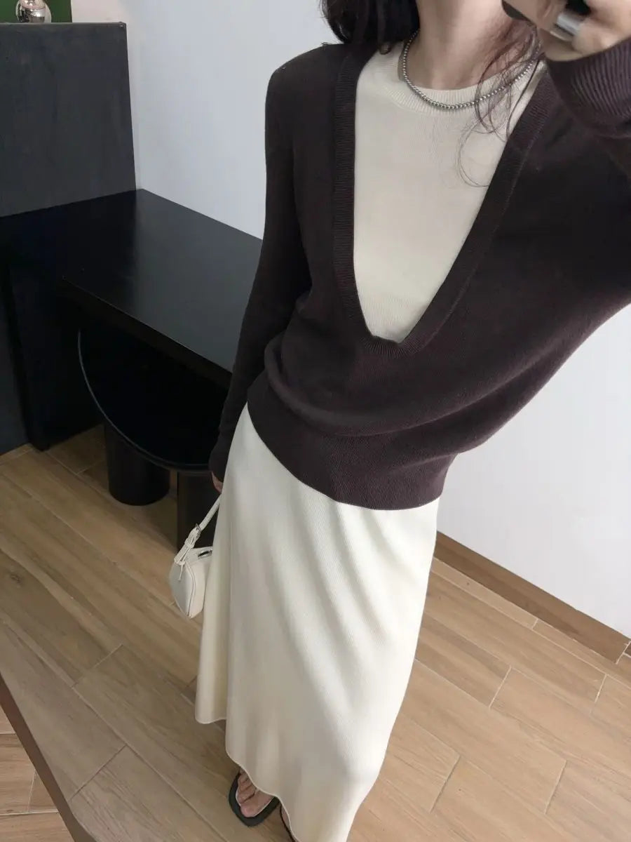 Andy Velvet Washed Large U-Neck Layered Slim Fit Knitwear Design Sensation Color Block Autumn Winter Top Polo Collar Sleeveless