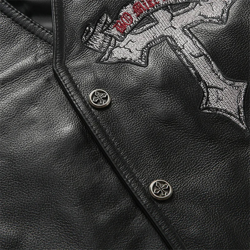 Black Four Seasons Leather Vest Men Sports Style Plus Size 4XL Genuine Natural Cowhide Single Breasted Skulls Embroidery Vest