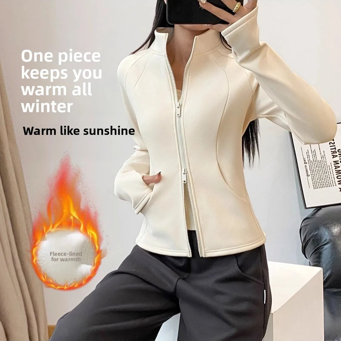 Fleece Lined Thickened Double Zipper Yoga Jacket Women's Autumn Winter Sporty Slim Fit All-Match Windproof Warm Top