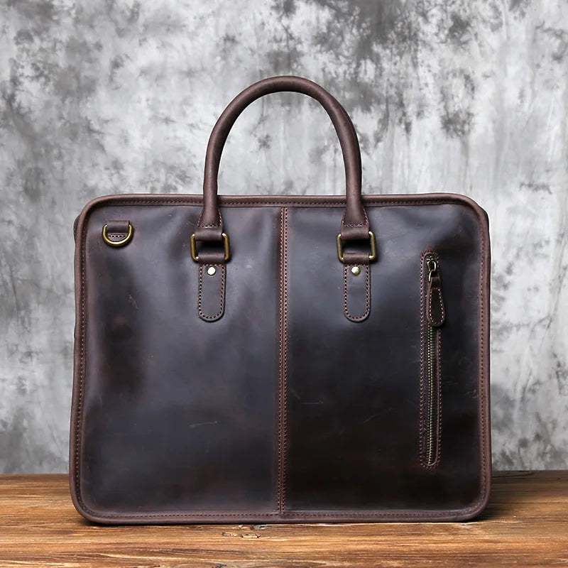 NZPJ Men's Briefcase Leather Handbag Retro Top Layer Cowhide Laptop Bag Crazy Horse Leather Shoulder Messenger Bag Luxury Bag