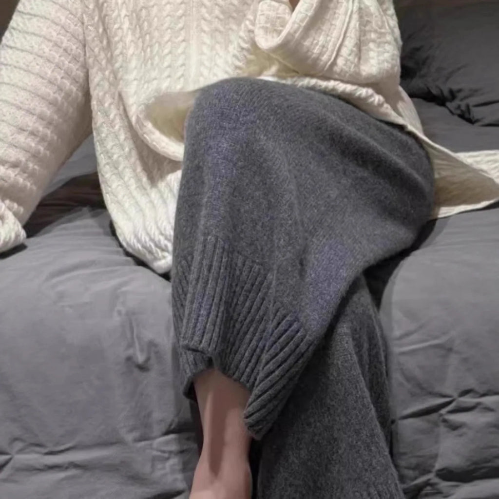 Gray Woolen Knitted Wide Leg Pants Women's Casual Straight Leg Sweatpants Small Size Comfortable Loose Fit Autumn Winter