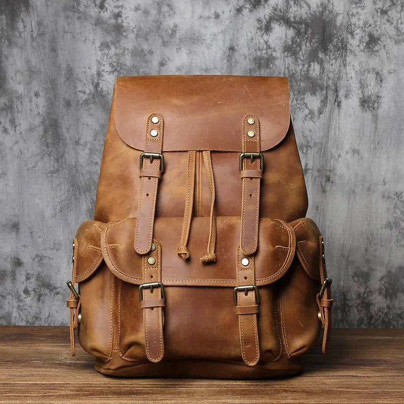 Retro Leather Men's Backpack Top Layer Cowhide Travel Backpack Large Capacity School Bag Crazy Horse Leather Laptop Bag NZPJ