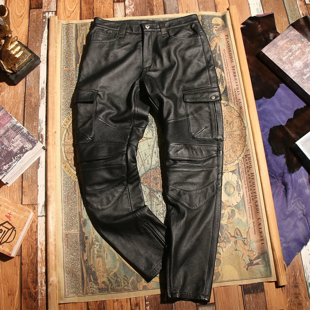 Retro Black Winter Leather Trousers Men Vintage Style Genuine Natural Cowhide Can Add Motorcycle Protection Device Leather Pants