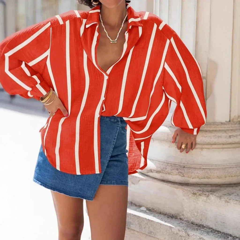 Women's Long Sleeve Button Cardigan Striped Shirt Slim Fit Polo Collar Full Length Autumn Winter New Style Cross Border Independ
