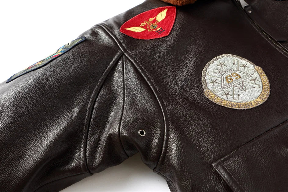 Black Winter Leather Jacket Men Retro Style Europe Size Genuine Natural Thick Cowhide Turn-Down Collar G1 Flight Coat