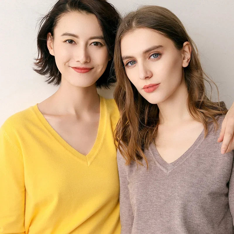 Spring Autumn New Style V-Neck Thin Knitted Loose Short Sleeve Women's T-Shirt Thin Summer Top Comfortable Base Layer Shirt