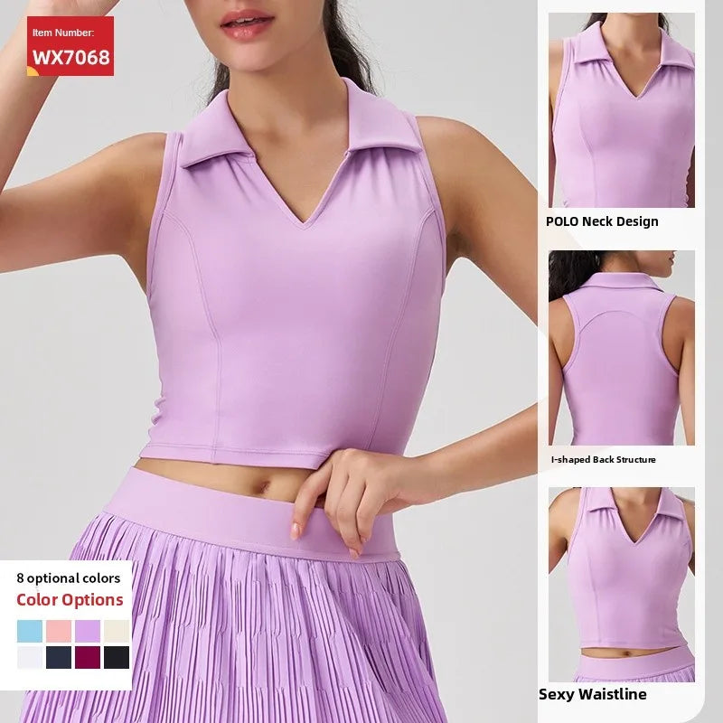 Outdoor Fitness Tennis Outfit Polo Shirt Sleeveless Collared Yoga Vest Breathable Nylon Spandex Slim Fit Youth Women's Top