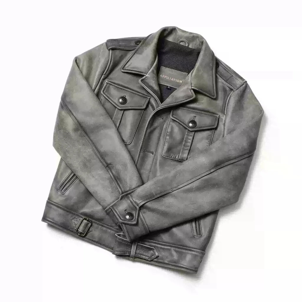 Grey Winter Leather Jacket Men Retro Style Plus Size 5XL Genuine Natural Thick Cowhide Turn-Down Collar Single Breasted P37 Coat