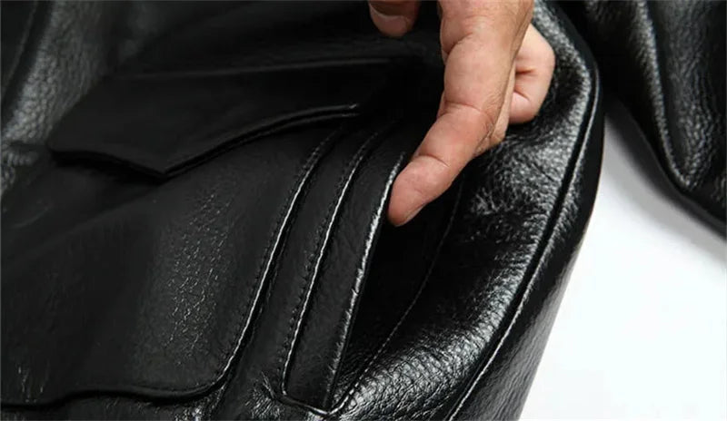 Black Winter Leather Jacket Men Military Style Europe Size Genuine Natural Thick Cowhide Warm Turn-Down Collar A2 Flight Coat