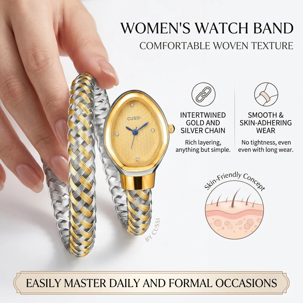 4pc Women's Gold-Silver Braided Metal Elegant Diamond Accents Quartz Watch & Bracelets Gift Set for Birthday, Valentine's Day