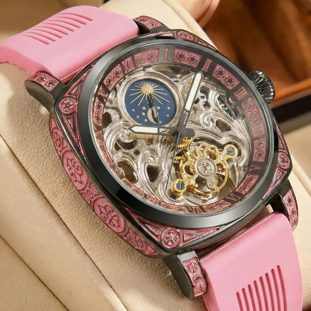 New Men's Watch with Gold Green Belt, Retro Style, Noble and Elegant Night Light Carving, Fully Automatic Mechanical Watch