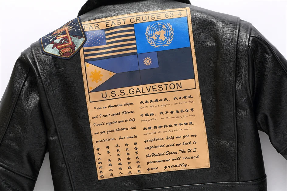 Black Winter Leather Jacket Men Retro Style Europe Size Genuine Natural Thick Cowhide Turn-Down Collar G1 Flight Coat
