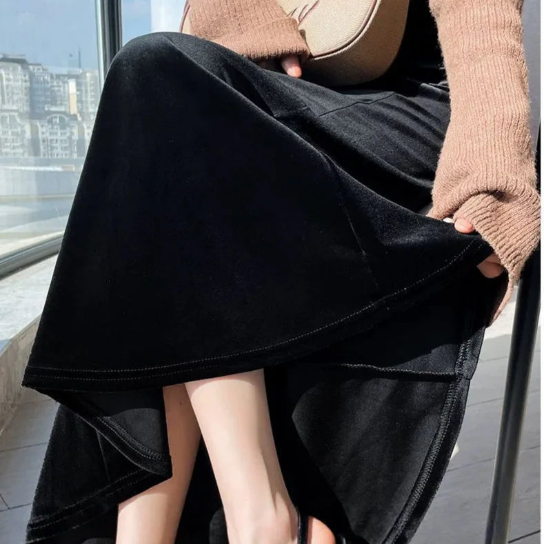 Elegant Long Velvet Skirt Women's High Waist Slim Fit Fish Tail Hem Draping Slimming Full Length Half Body Skirt