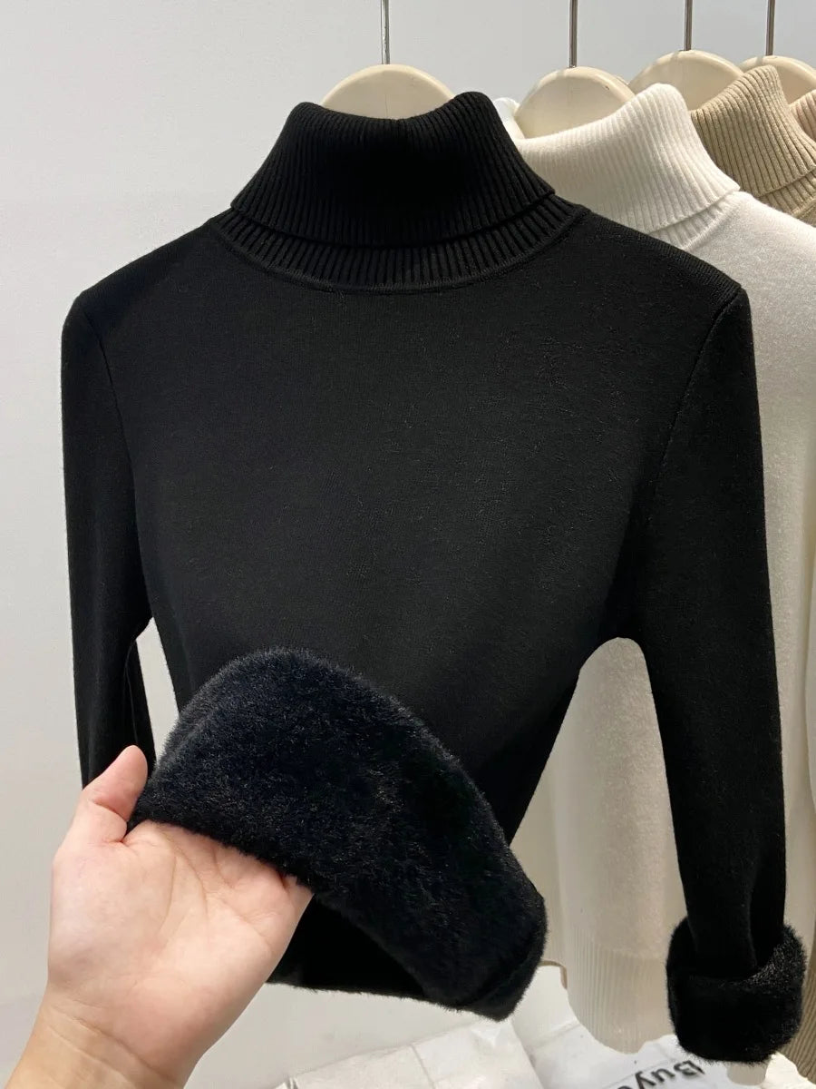 Thickened High Collar One-Piece Fleece Knitted Sweater Women Winter Slim Fit Inner Wear Fashionable Basic Style Base Shirt