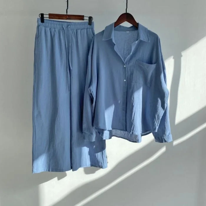 Retro Large Size Cotton Linen Shirt Set High Waist Loose Pants Two Piece Set Women's Clothing Casual Fashion Summer Season