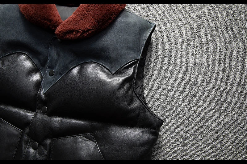 Black Blue Winter Vest Men Retro Style Plus Size 5XL Genuine Natural Sheepskin Wool Collar Single Breasted Spliced Down Vest