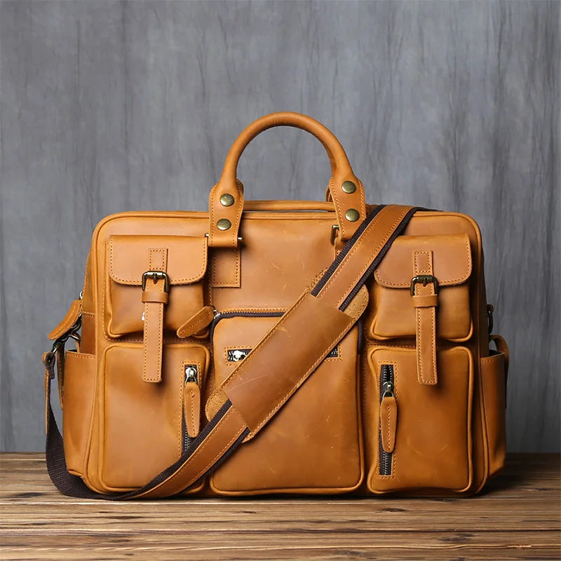 Retro Men's Leather Handbag Top Layer Cowhide Briefcase Large Capacity Travel Bag Crazy Horse Leather Laptop Shoulder Bag NZPJ